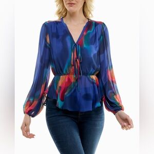 Aurora Chiffon Tie Front Peplum V-Neck Blouse